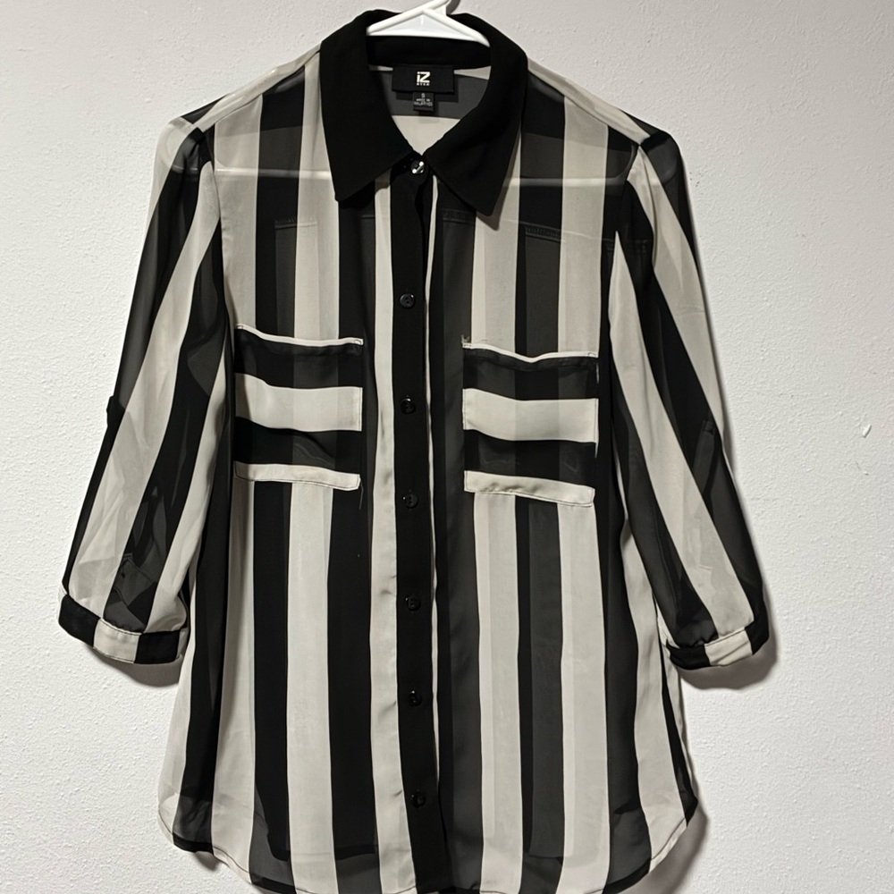 Iz Byer Black and White Striped Collared Blouse